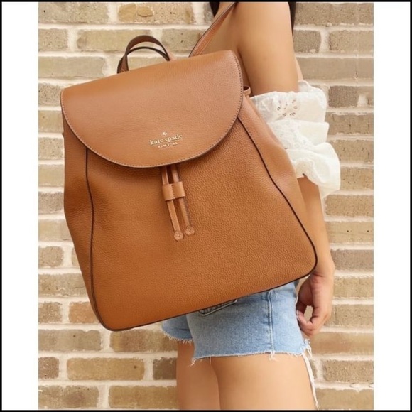 KATE SPADE~Leila~Large Flap Drawstring Backpack Warm Gingerbread Brown Leather - Picture 1 of 6